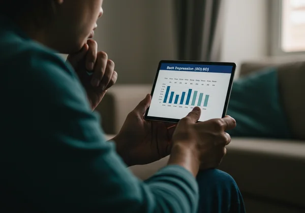 Seseorang sedang meninjau keputusan ujian BDI pada skrin, memikirkan langkah seterusnya.