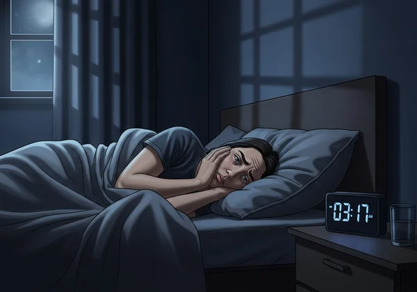 Person tossing and turning in bed, looking exhausted and stressed