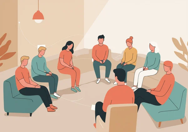 A diverse group of people engaged in a supportive discussion