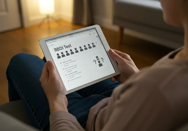 Person taking a confidential BDI test on a tablet.