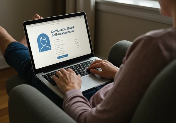 Persona che esegue un test BDI online confidenziale su un laptop.