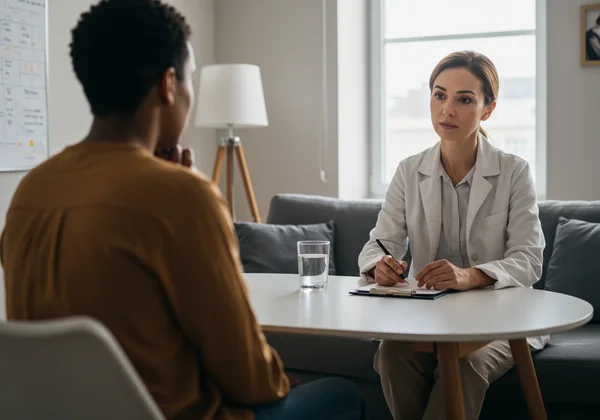Persona che parla con un terapeuta per supporto alla salute mentale