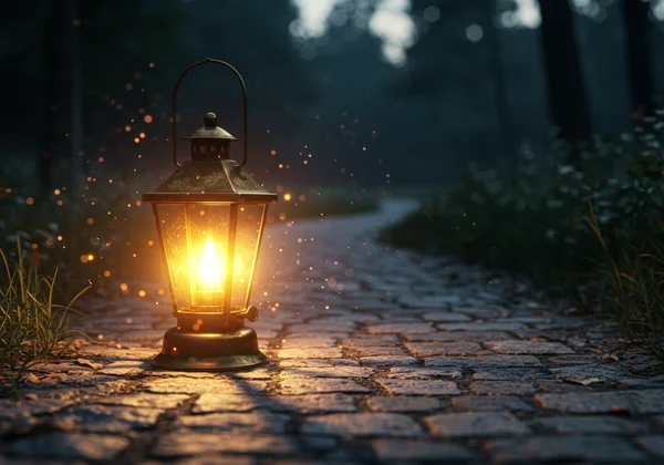 A warm lantern lighting a path in a calm setting